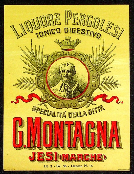 Liquore Pergolesi: tonico digestivo: specialità della ditta G. Montagna: Jesi (marche).
