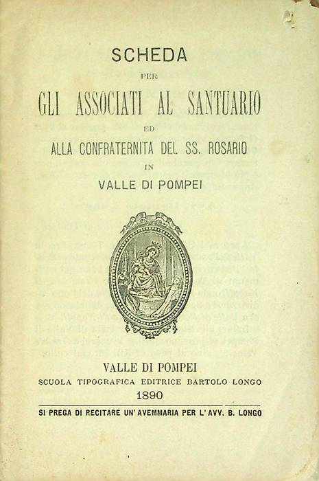 Scheda per gli associati al santuario ed alla confraternita del SS. Rosario in Valle di Pompei.
