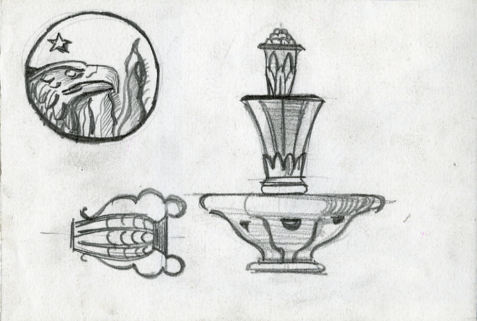 Studio di una fontana, un vaso  e un pannello raffigurante un aquila.