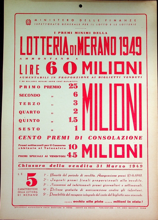 I premi minimi della lotteria di Merano 1949 ammontano a lire 60 milioni... chiusura della vendita 31 marzo 1949.